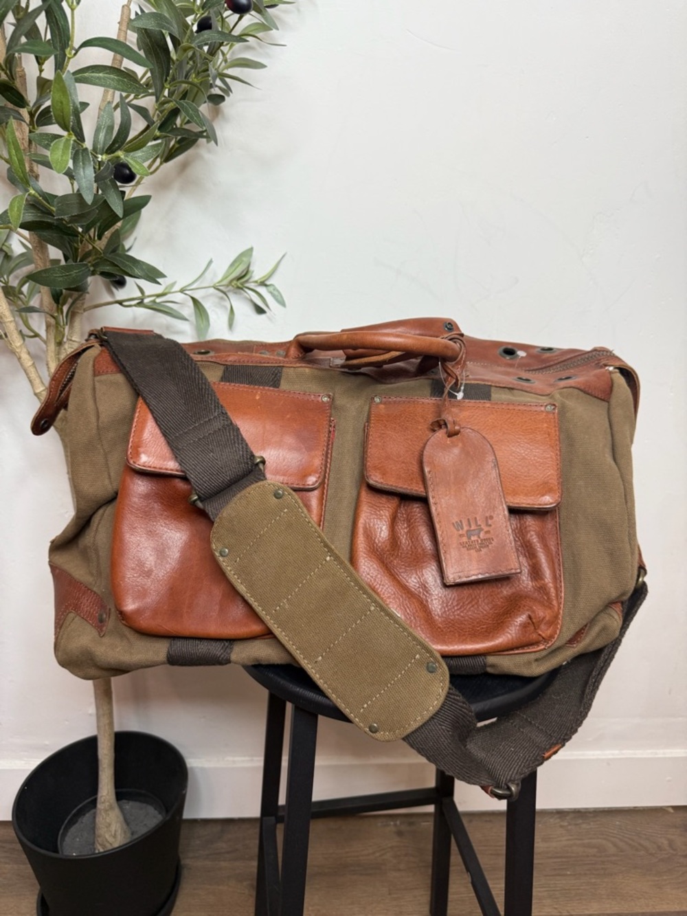 Will Leather Goods Brown Canvas & Leather Duffel with Tan Leather Accents